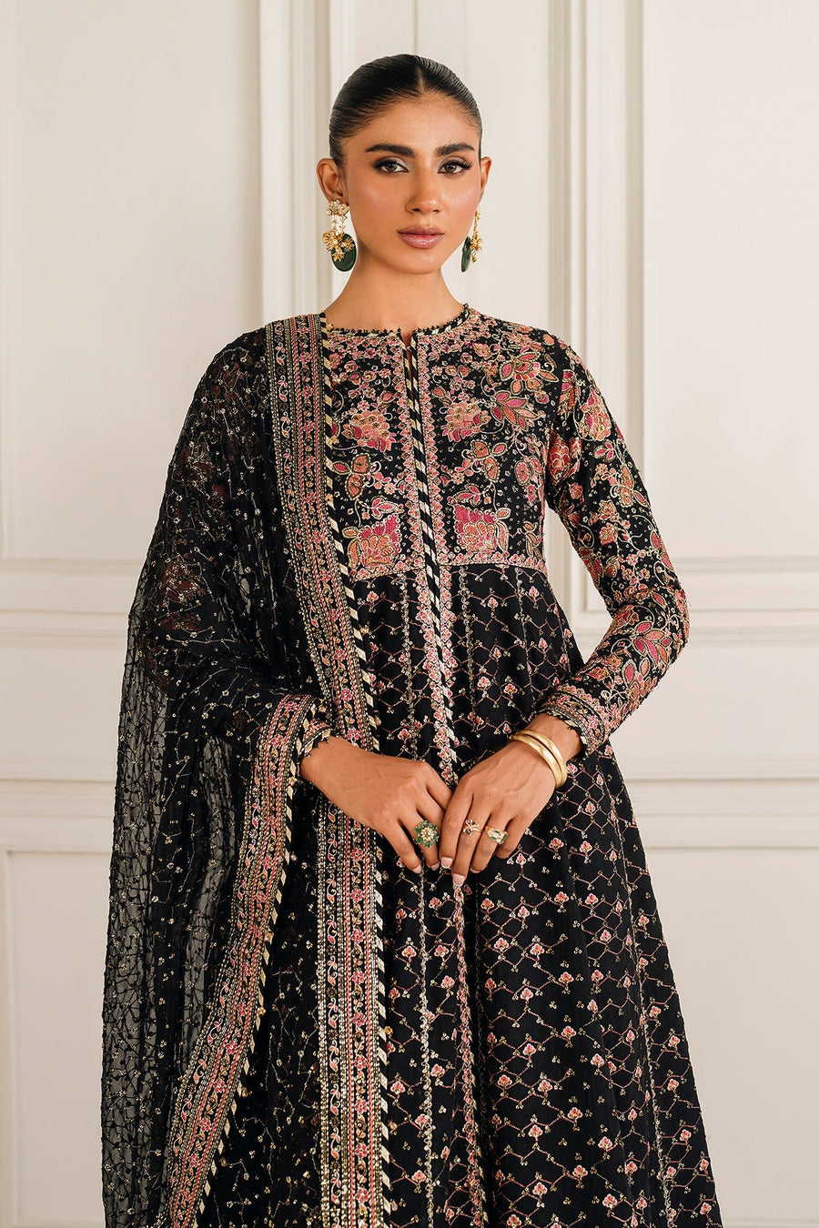 Black Embroidered Chiffon Lehenga Suit with Organza Dupatta | SF-4156