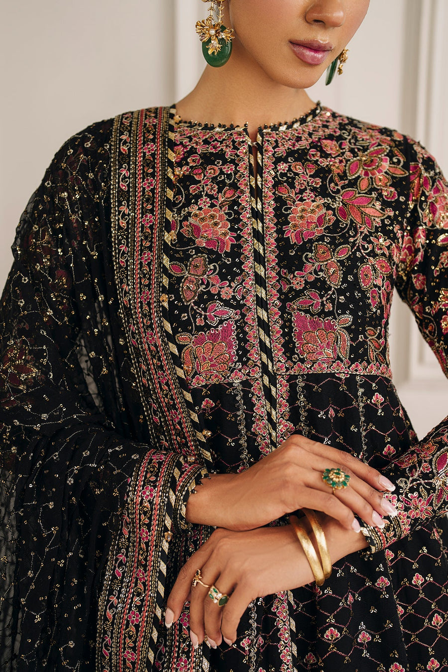 Black Embroidered Chiffon Lehenga Suit with Organza Dupatta | SF-4156