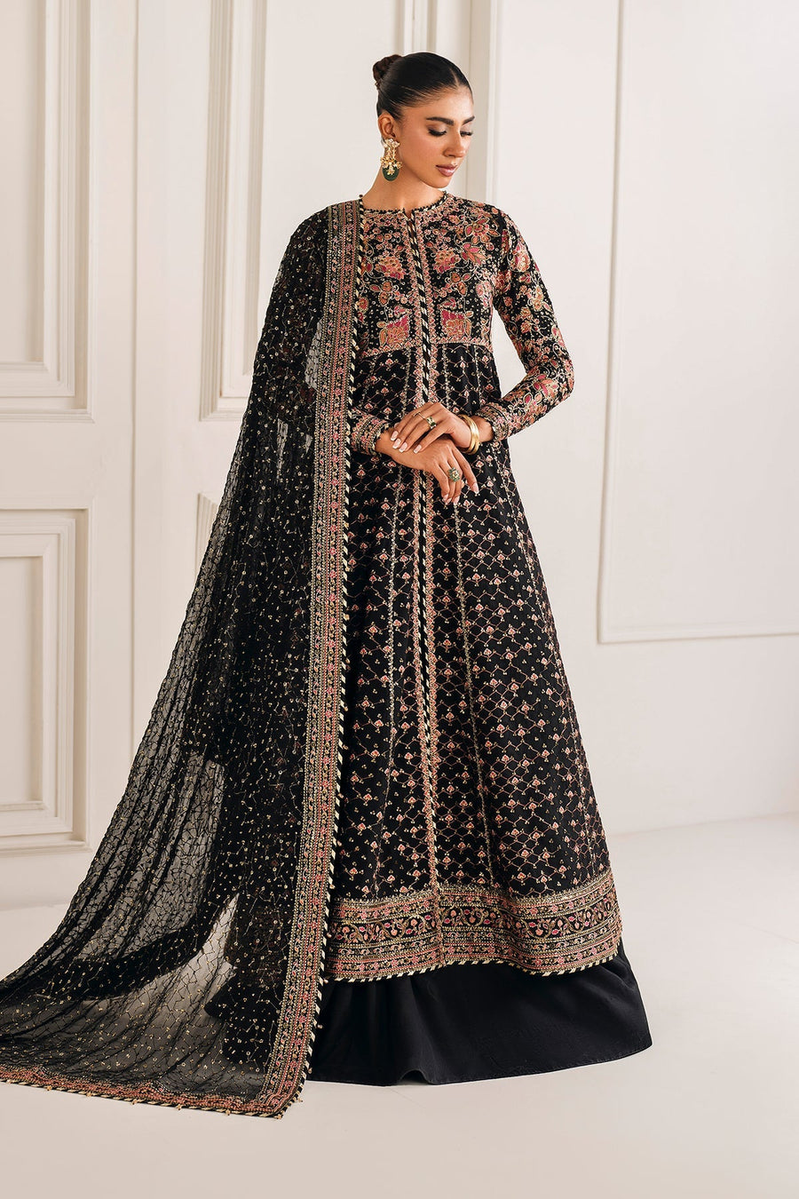 Black Embroidered Chiffon Lehenga Suit with Organza Dupatta | SF-4156