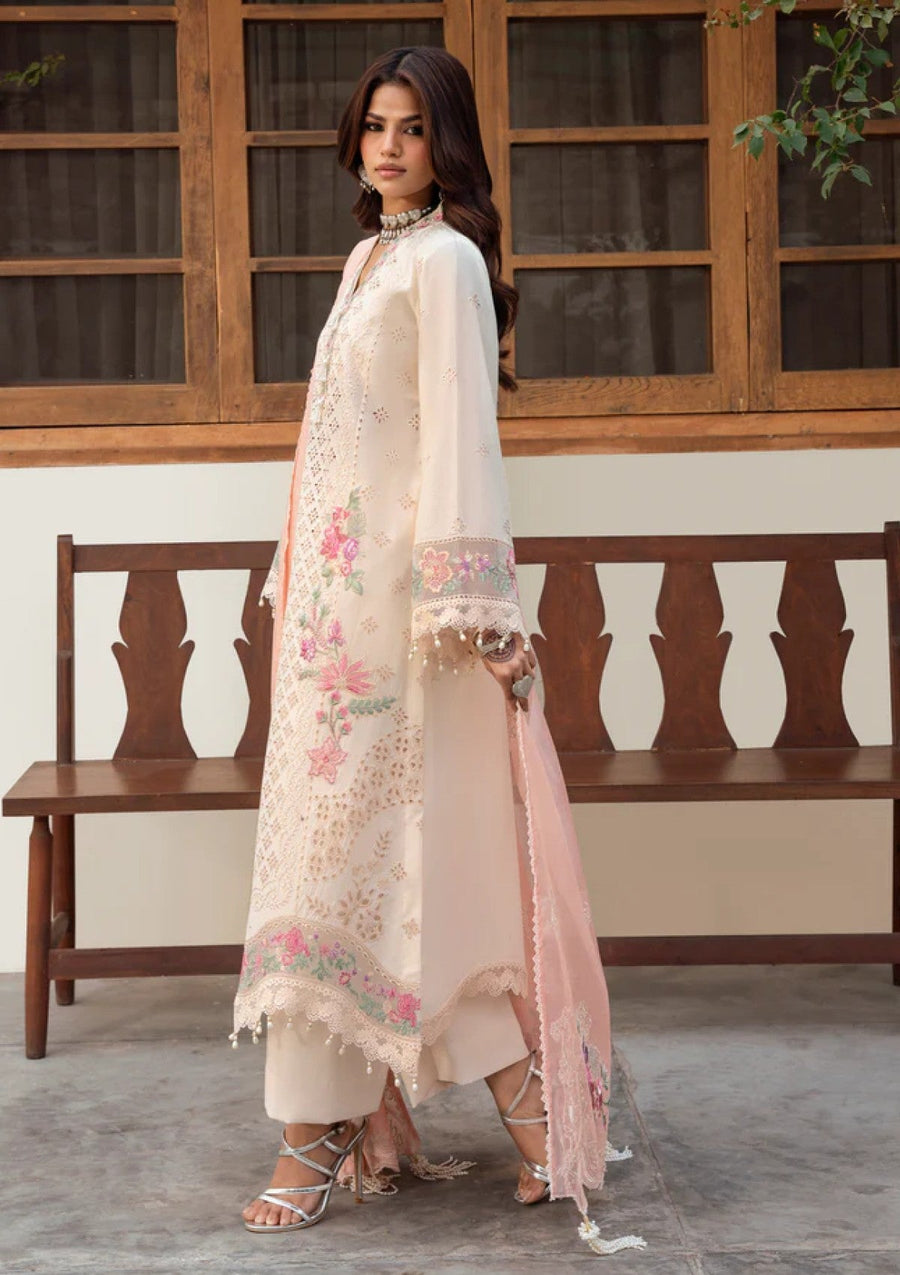 Beige Blossom Embroidered Chikankari 3 Piece Suit with Cotton Net Dupatta - Pehnaawaa