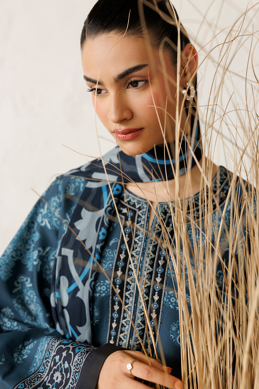 Steel Blue Digital Printed Lawn Suit with Embroidered Shirt and Chiffon Dupatta