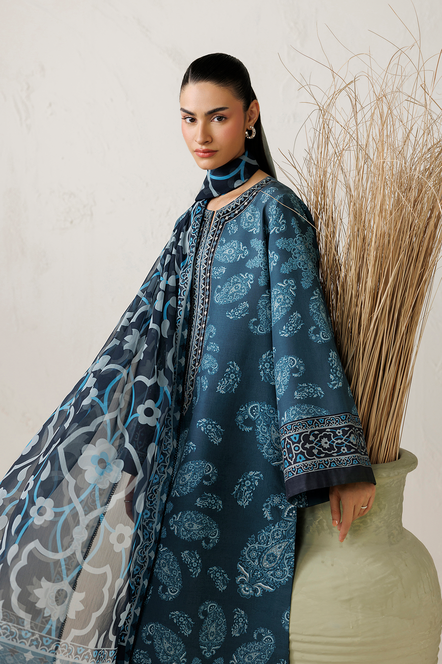 Steel Blue Digital Printed Lawn Suit with Embroidered Shirt and Chiffon Dupatta
