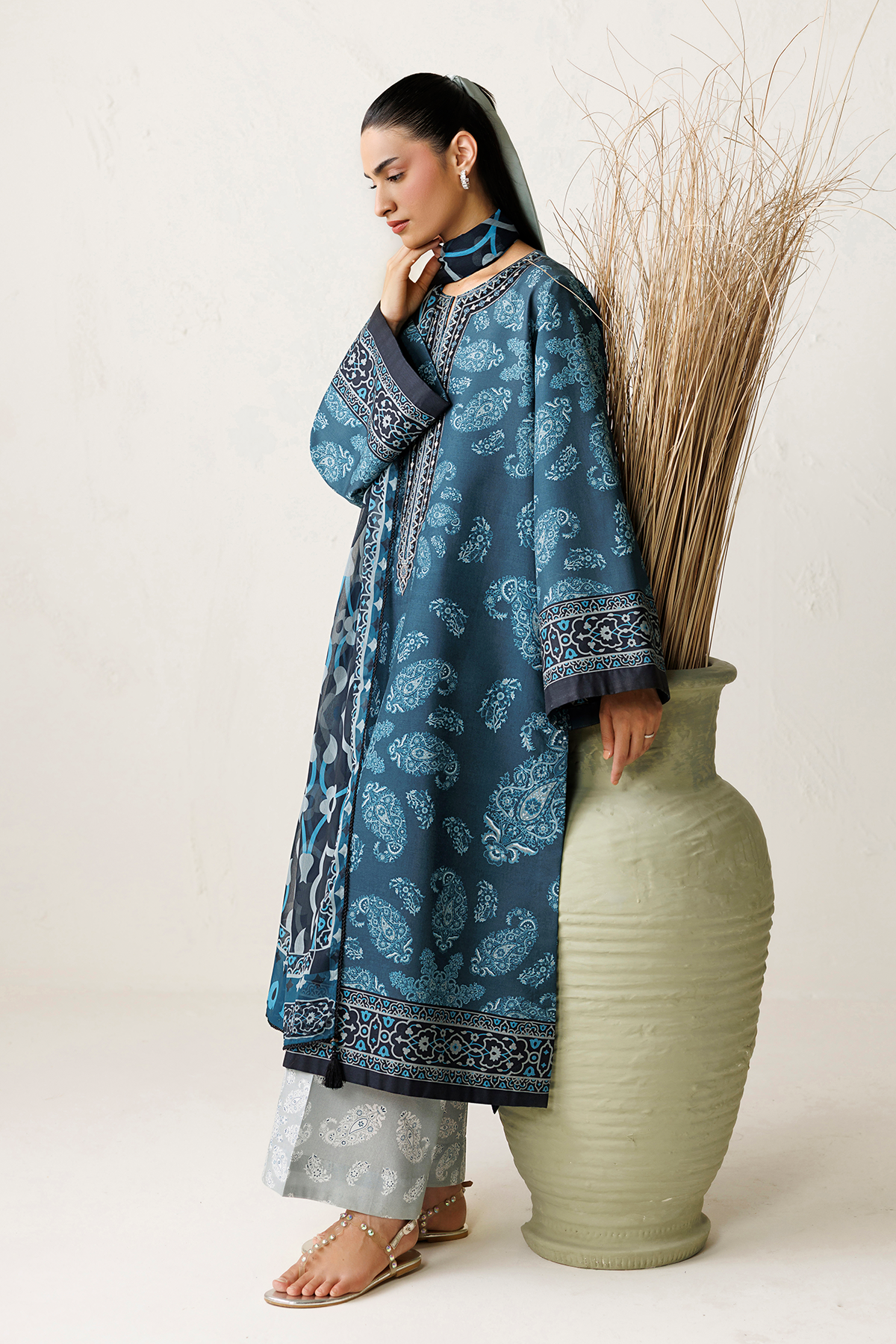 Steel Blue Digital Printed Lawn Suit with Embroidered Shirt and Chiffon Dupatta