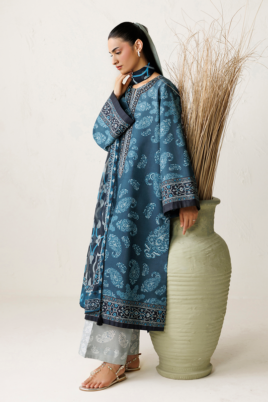Steel Blue Digital Printed Lawn Suit with Embroidered Shirt and Chiffon Dupatta