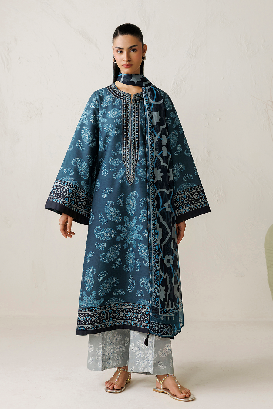 Steel Blue Digital Printed Lawn Suit with Embroidered Shirt and Chiffon Dupatta