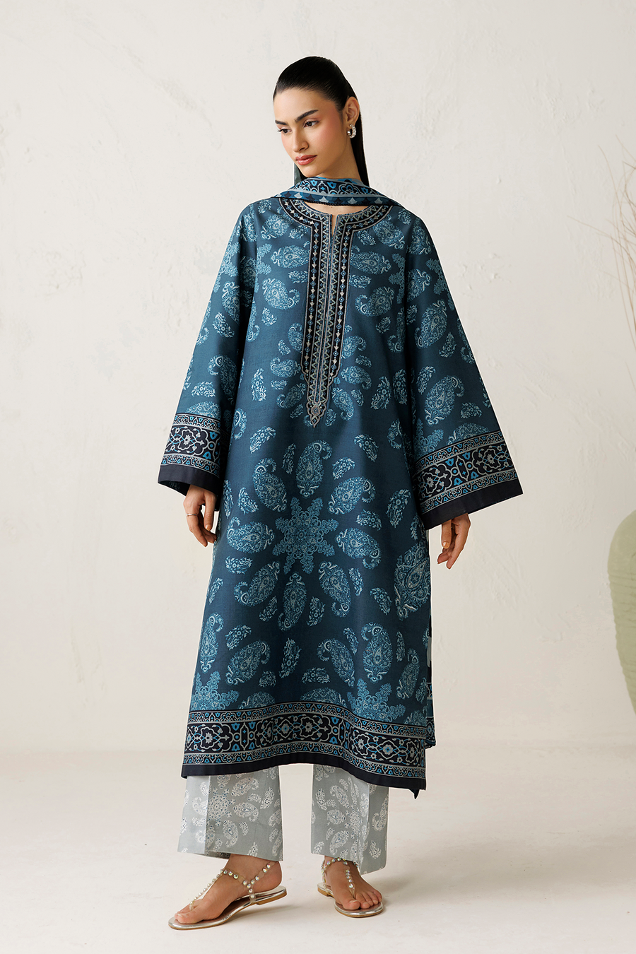 Steel Blue Digital Printed Lawn Suit with Embroidered Shirt and Chiffon Dupatta
