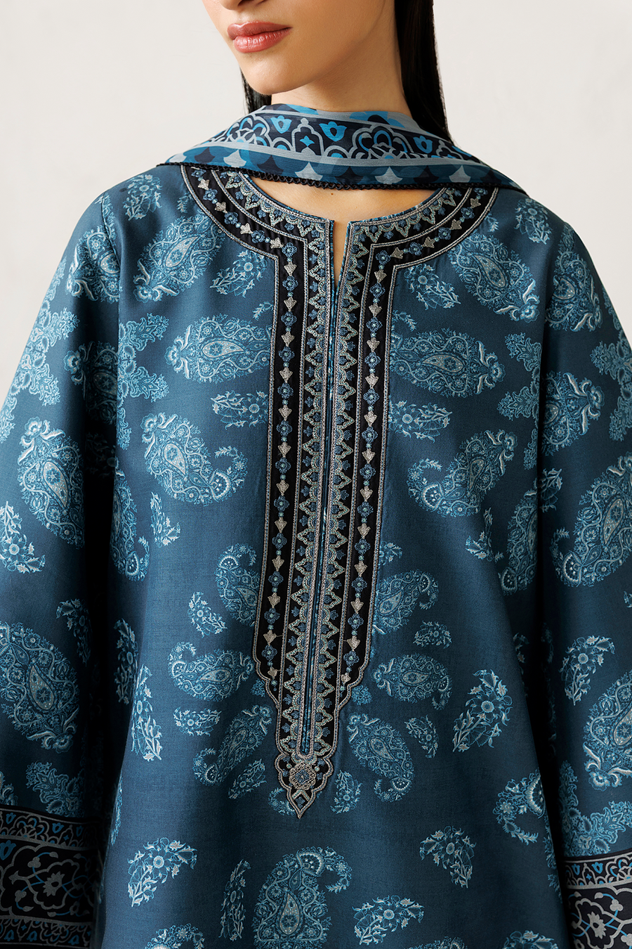 Steel Blue Digital Printed Lawn Suit with Embroidered Shirt and Chiffon Dupatta