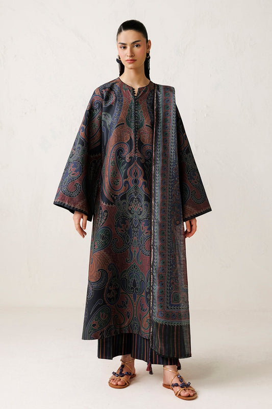 Midnight Blue and Maroon Paisley Digital Printed Lawn Suit with Cotton Silk Dupatta