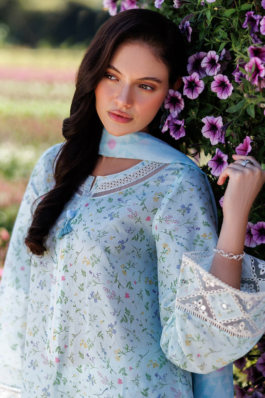 Powder Blue Embroidered Digital Printed Lawn Suit with Tissue Silk Dupatta