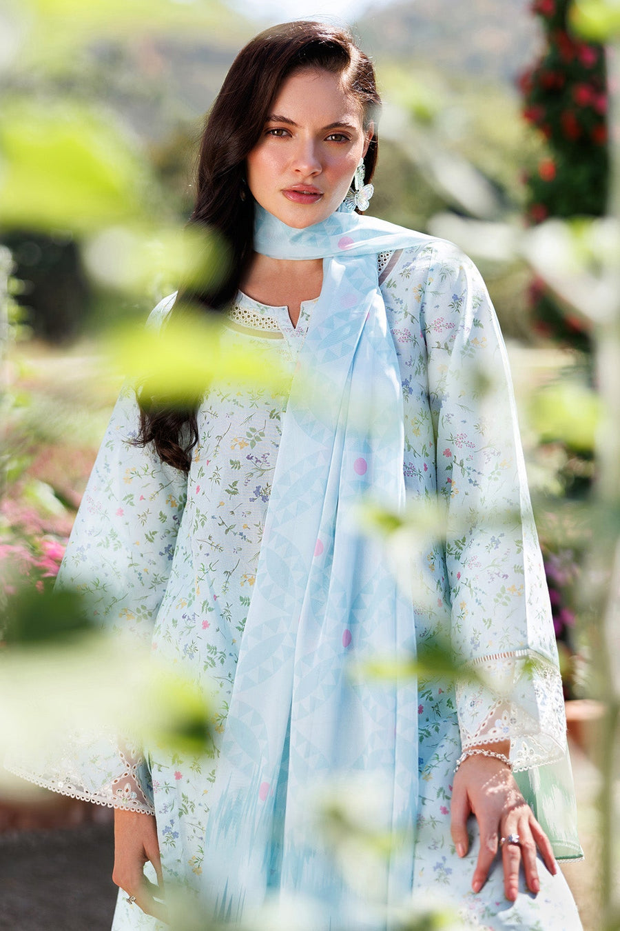 Powder Blue Embroidered Digital Printed Lawn Suit with Tissue Silk Dupatta