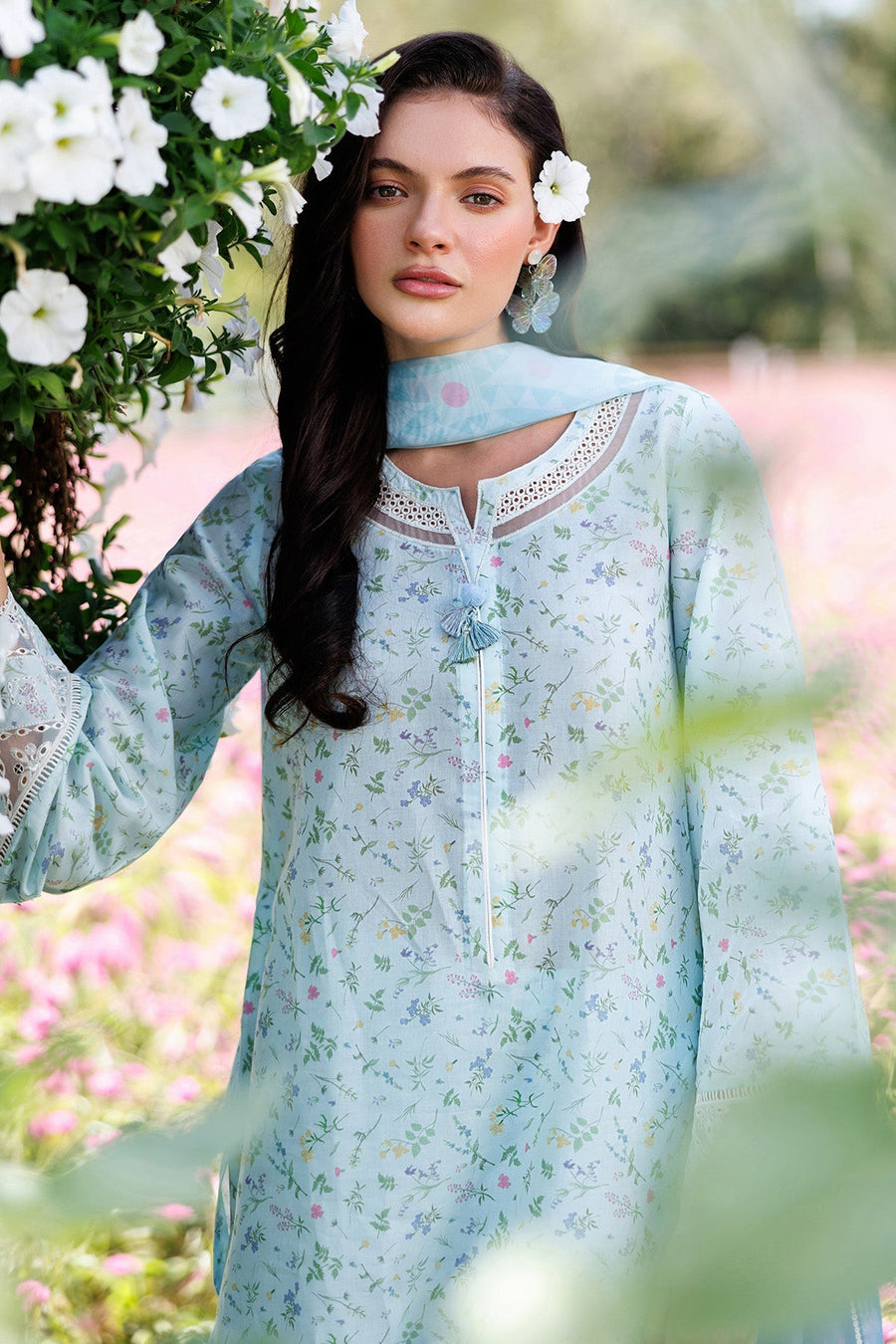 Powder Blue Embroidered Digital Printed Lawn Suit with Tissue Silk Dupatta