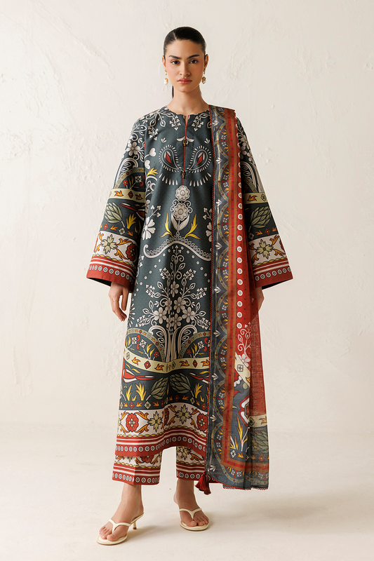 Charcoal Grey Digital Printed Lawn Suit with Cotton Silk Dupatta