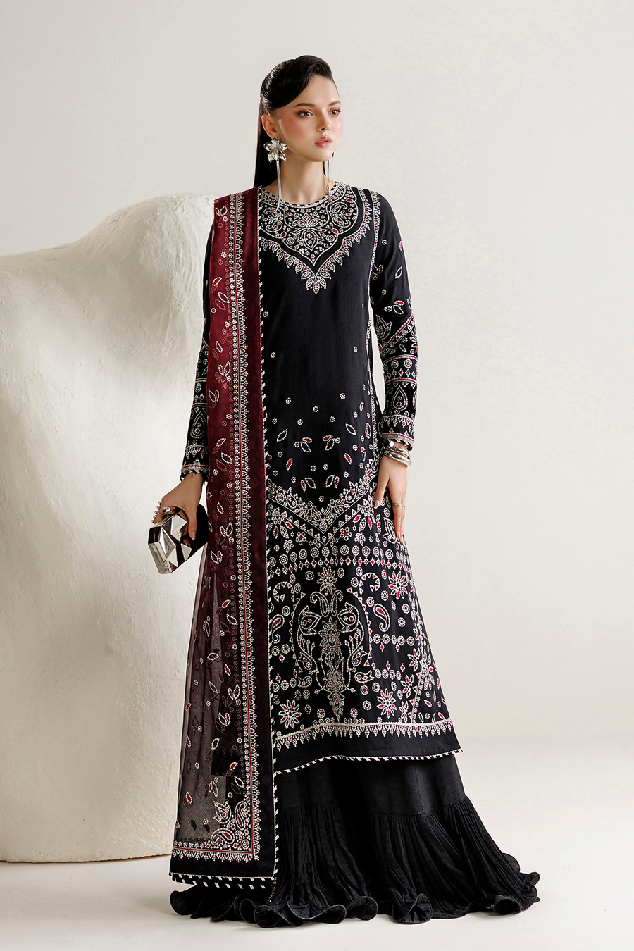 Black Embroidered Korean Raw Silk 3-Piece Suit with Maroon Printed Dupatta