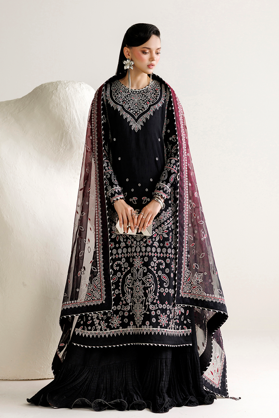 Black Embroidered Korean Raw Silk 3-Piece Suit with Maroon Printed Dupatta