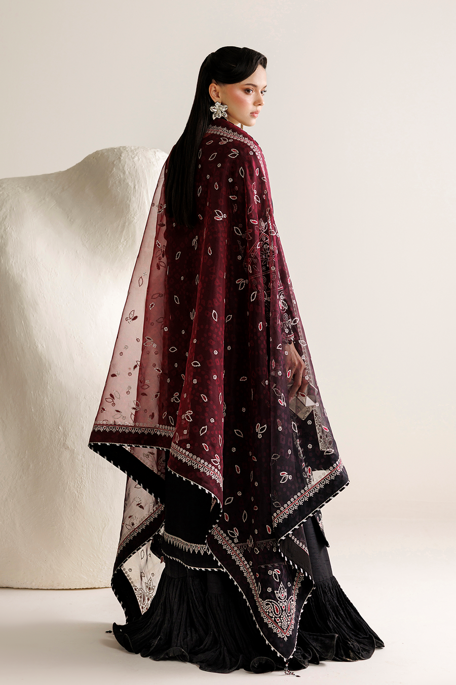 Black Embroidered Korean Raw Silk 3-Piece Suit with Maroon Printed Dupatta