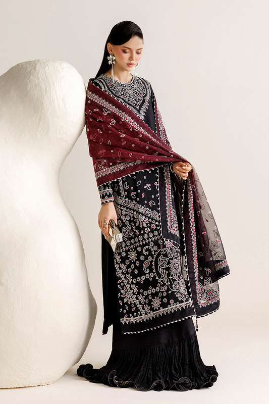 Black Embroidered Korean Raw Silk 3-Piece Suit with Maroon Printed Dupatta