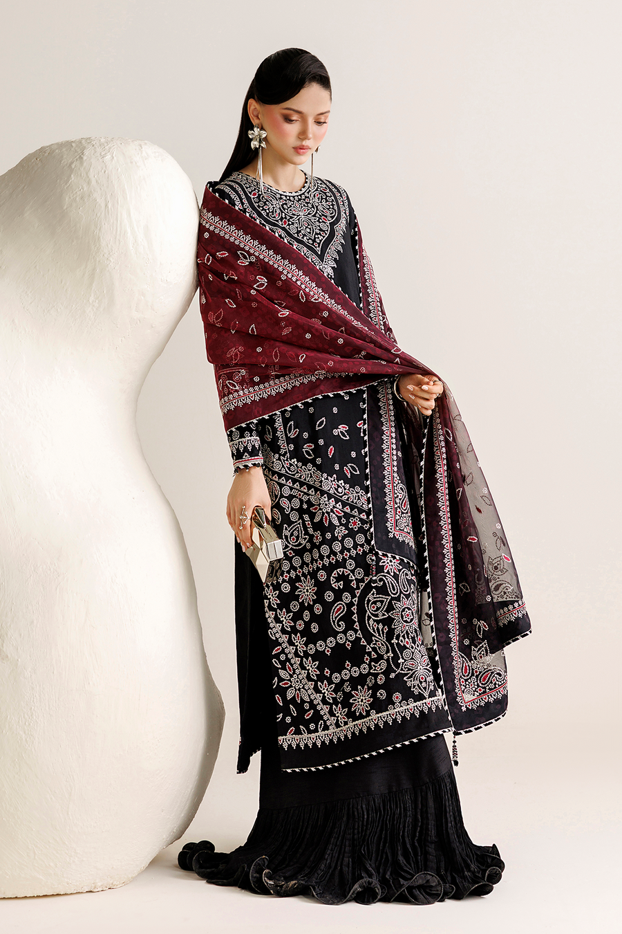 Black Embroidered Korean Raw Silk 3-Piece Suit with Maroon Printed Dupatta