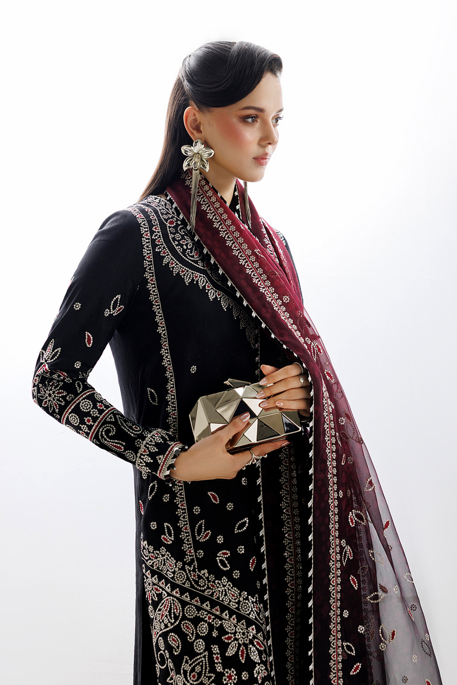 Black Embroidered Korean Raw Silk 3-Piece Suit with Maroon Printed Dupatta