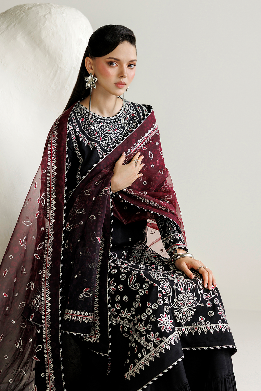 Black Embroidered Korean Raw Silk 3-Piece Suit with Maroon Printed Dupatta