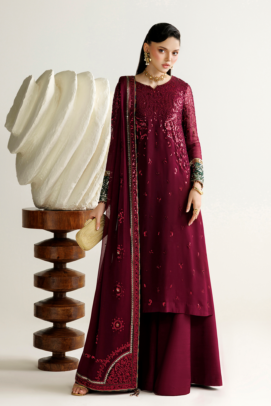 Deep Wine Embroidered Chiffon 3-Piece Suit with Contrasting Borders
