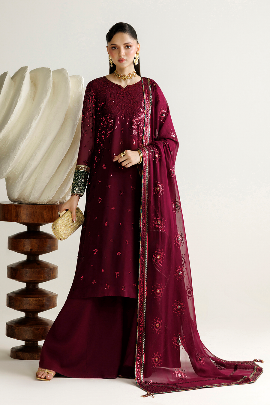 Deep Wine Embroidered Chiffon 3-Piece Suit with Contrasting Borders