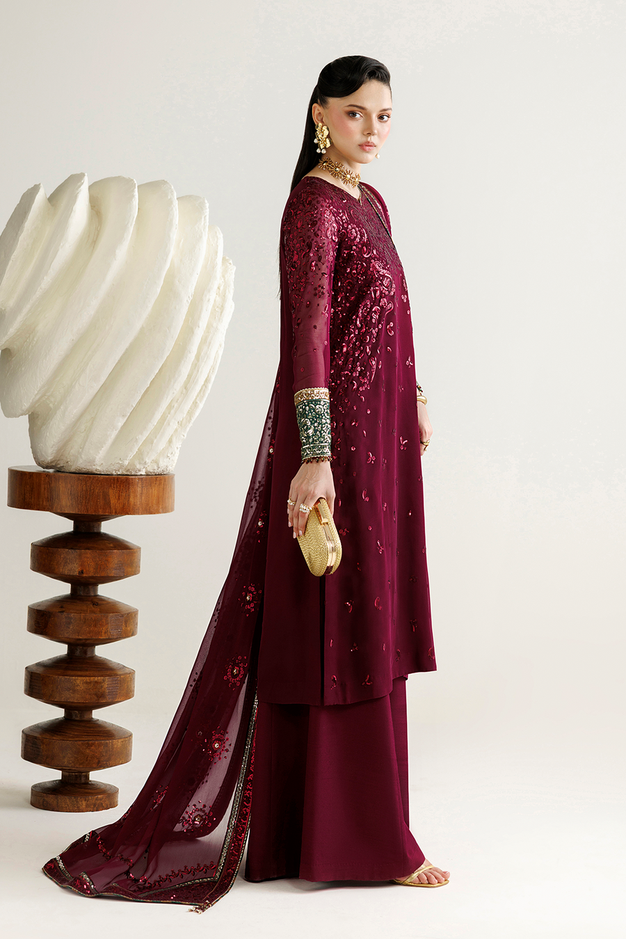 Deep Wine Embroidered Chiffon 3-Piece Suit with Contrasting Borders