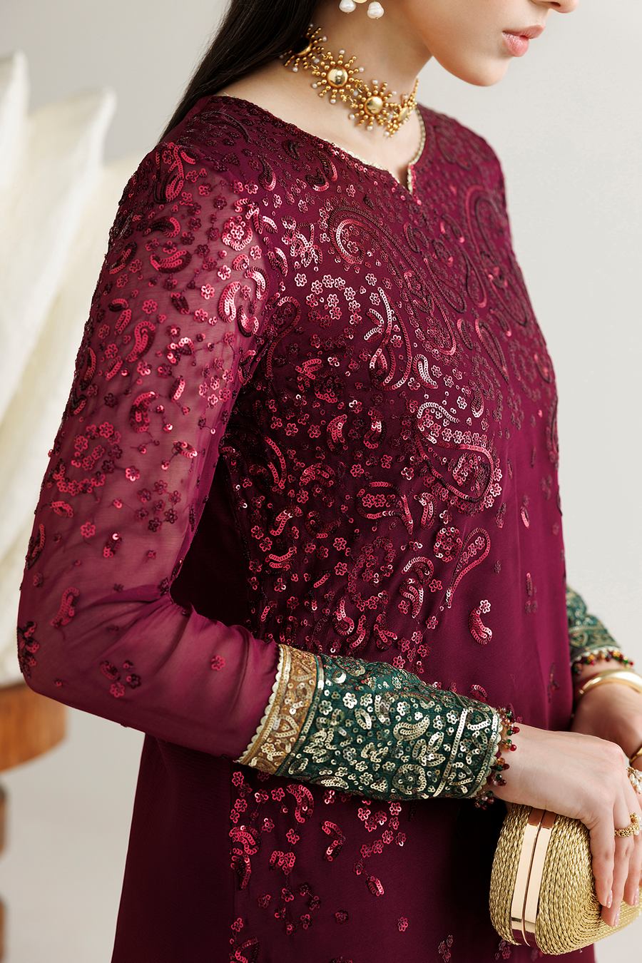 Deep Wine Embroidered Chiffon 3-Piece Suit with Contrasting Borders