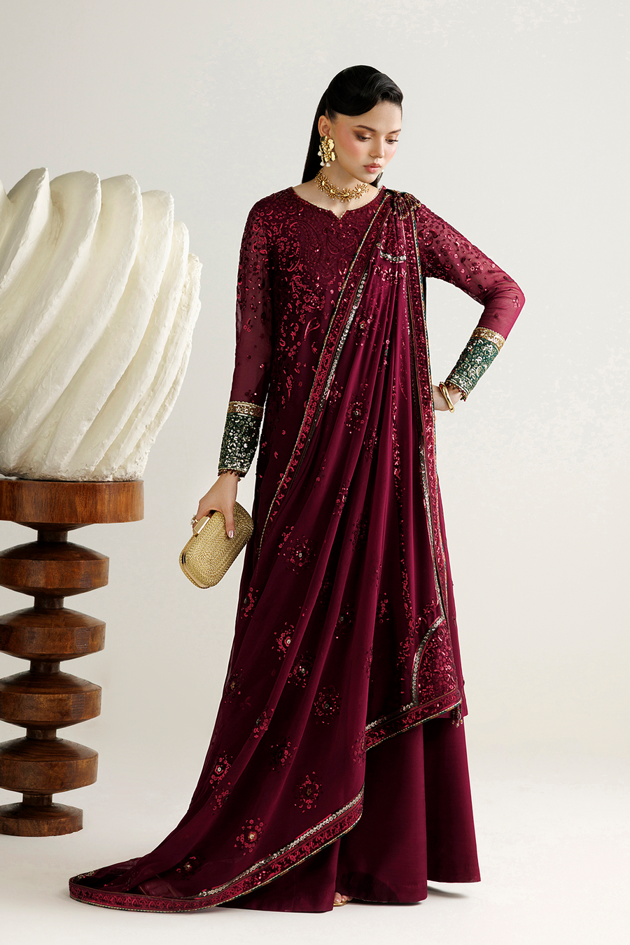 Deep Wine Embroidered Chiffon 3-Piece Suit with Contrasting Borders