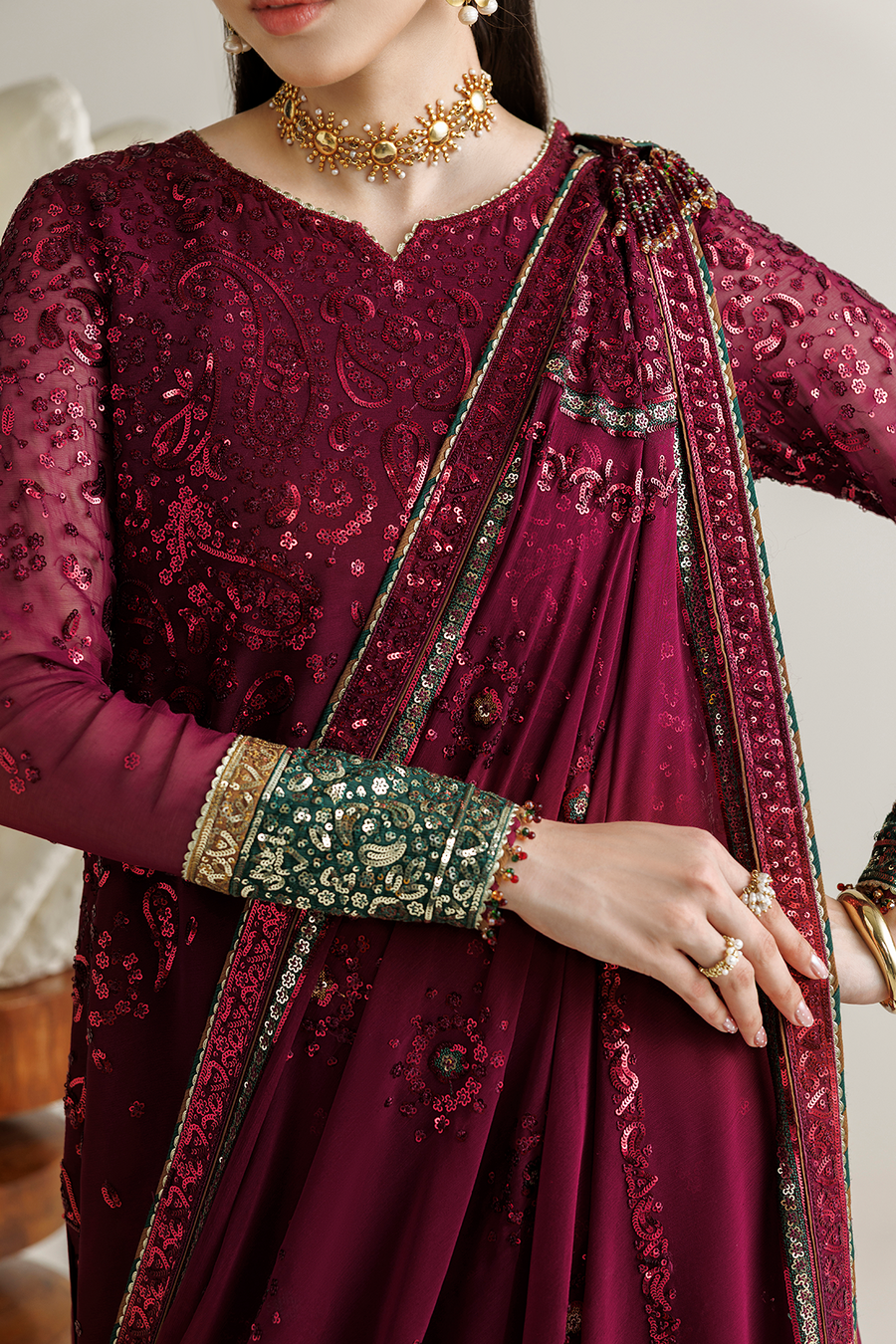 Deep Wine Embroidered Chiffon 3-Piece Suit with Contrasting Borders