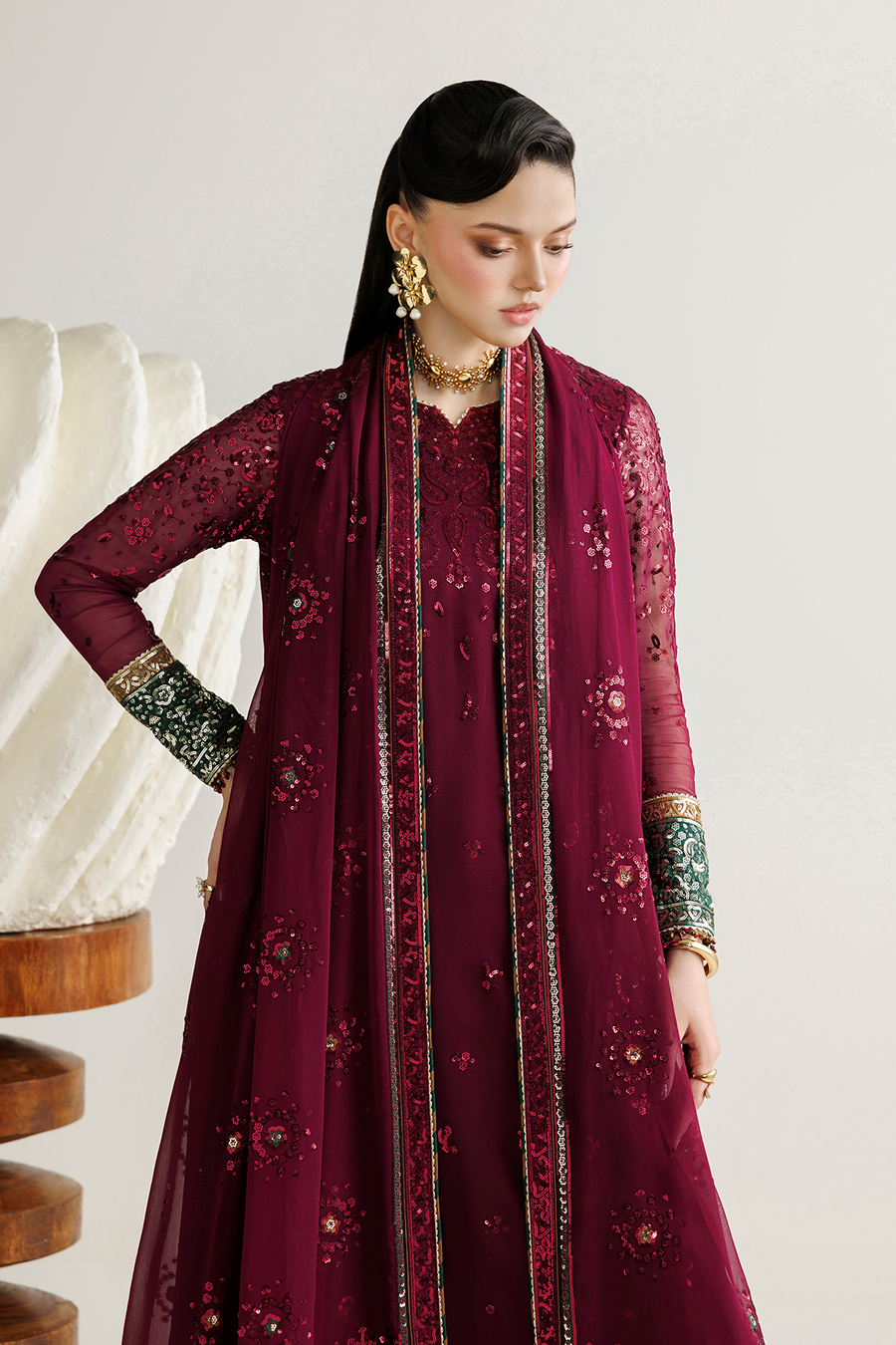 Deep Wine Embroidered Chiffon 3-Piece Suit with Contrasting Borders