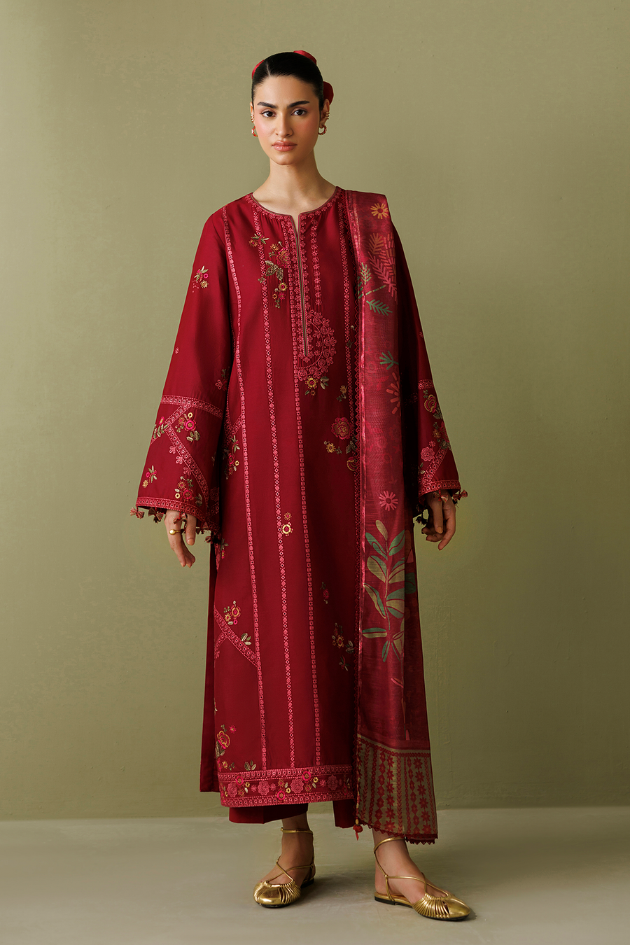 Deep Red Embroidered Lawn Suit with Cambric Trousers and Printed Chiffon Dupatta