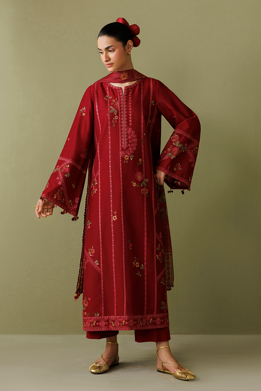 Deep Red Embroidered Lawn Suit with Cambric Trousers and Printed Chiffon Dupatta