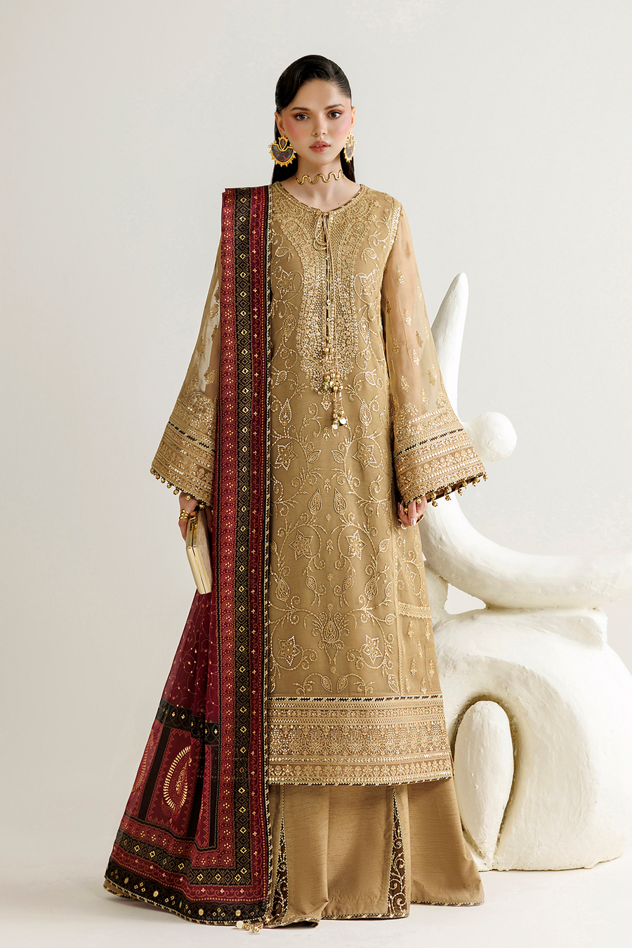 Golden Beige Embroidered Chiffon 3-Piece Suit with Burgundy Tissue Silk Dupatta