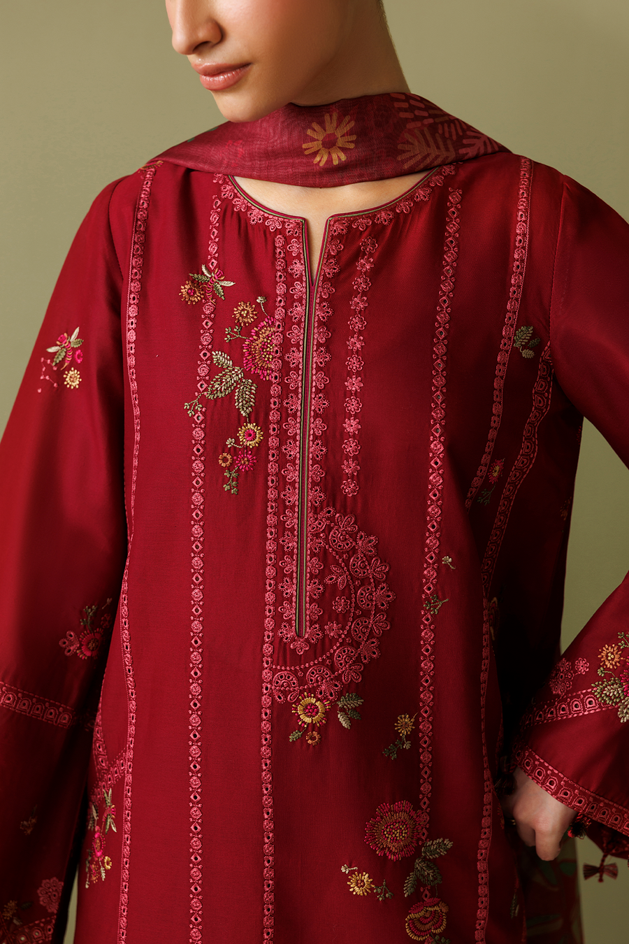 Deep Red Embroidered Lawn Suit with Cambric Trousers and Printed Chiffon Dupatta