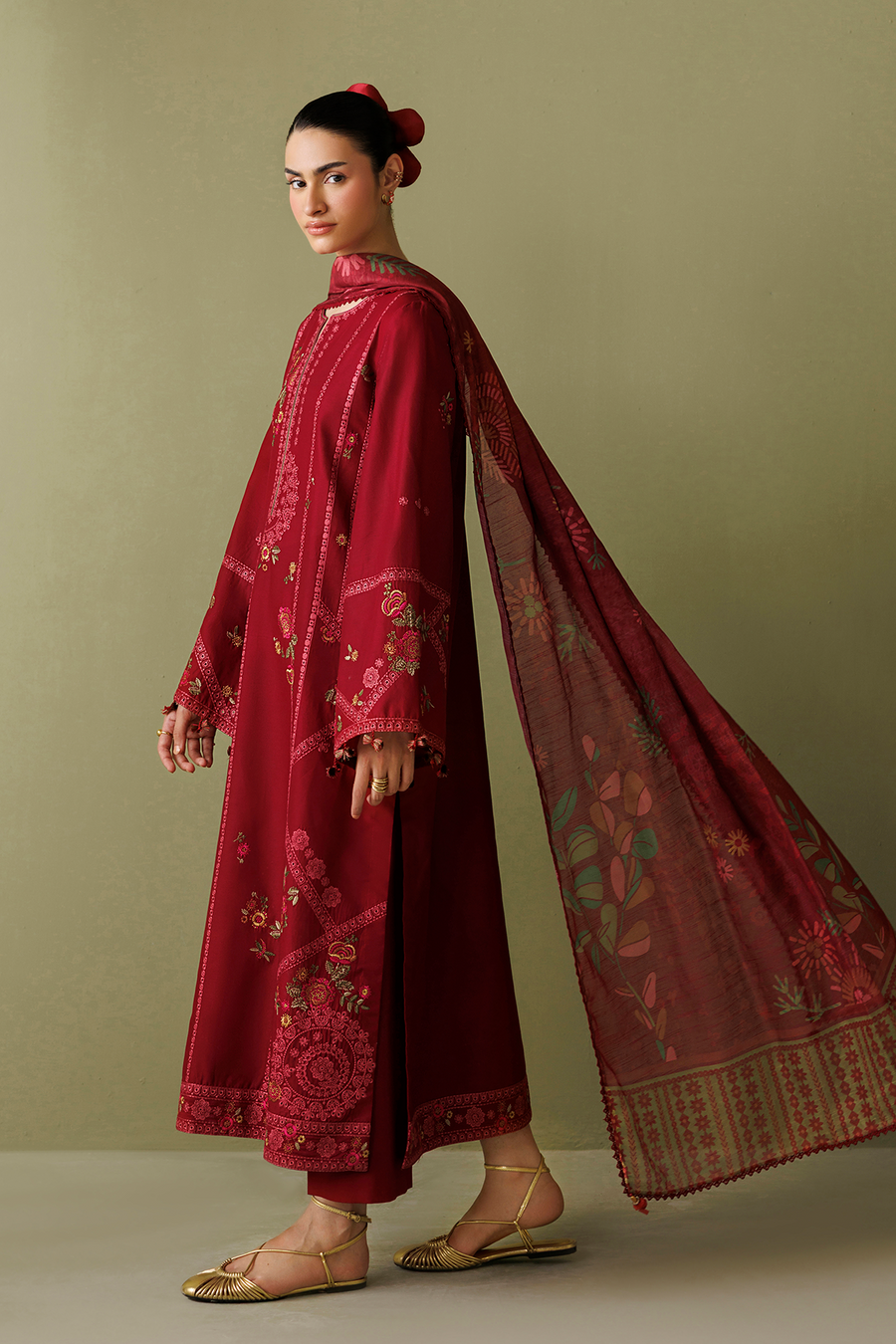 Deep Red Embroidered Lawn Suit with Cambric Trousers and Printed Chiffon Dupatta