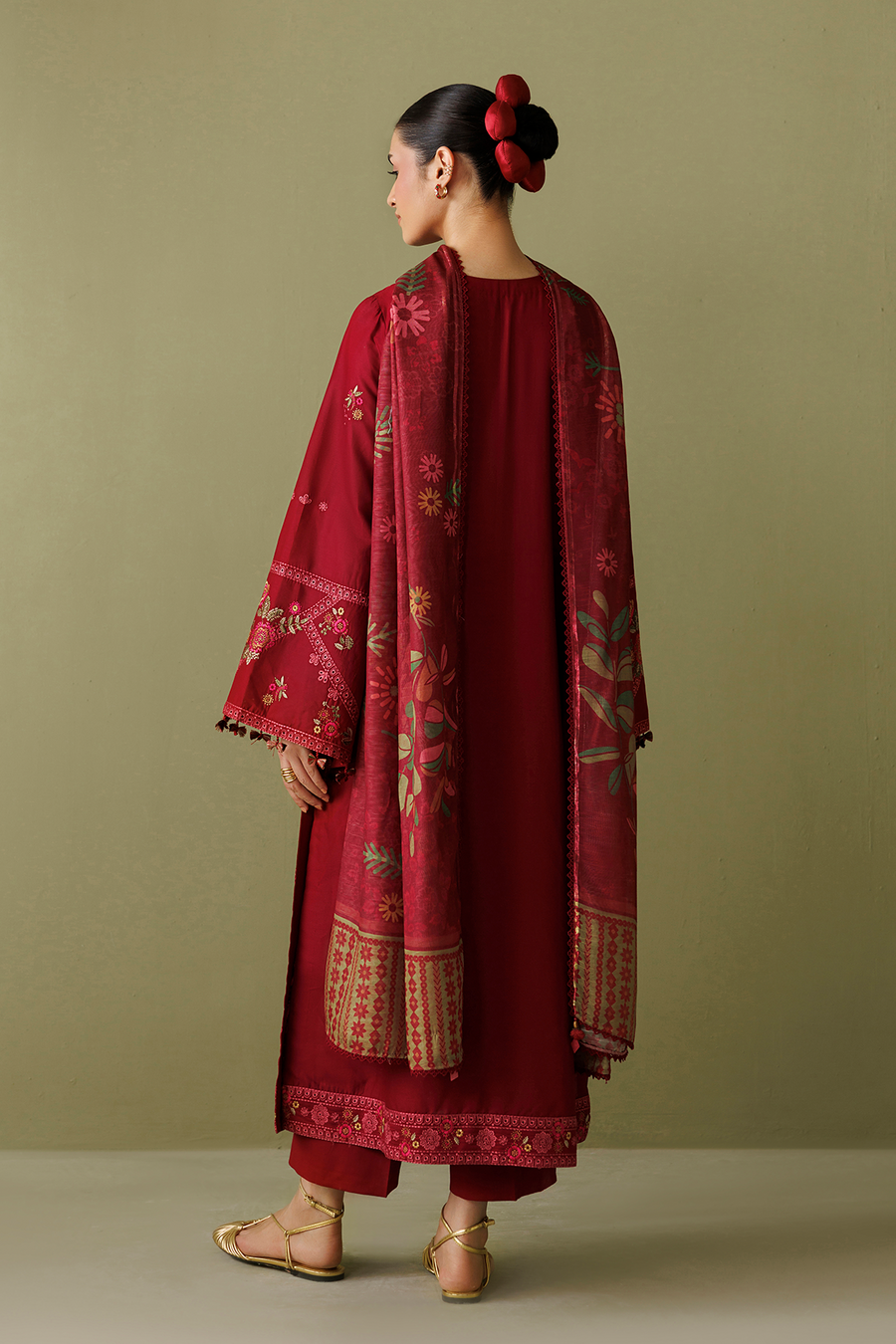 Deep Red Embroidered Lawn Suit with Cambric Trousers and Printed Chiffon Dupatta
