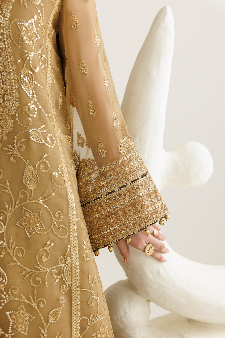 Golden Beige Embroidered Chiffon 3-Piece Suit with Burgundy Tissue Silk Dupatta