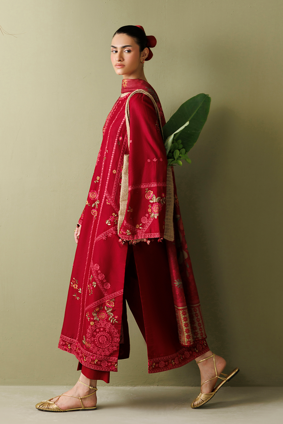 Deep Red Embroidered Lawn Suit with Cambric Trousers and Printed Chiffon Dupatta