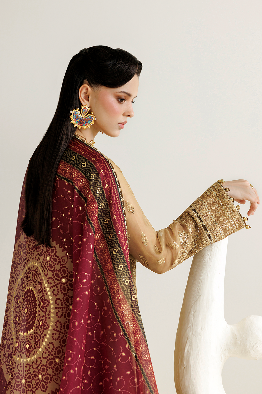 Golden Beige Embroidered Chiffon 3-Piece Suit with Burgundy Tissue Silk Dupatta
