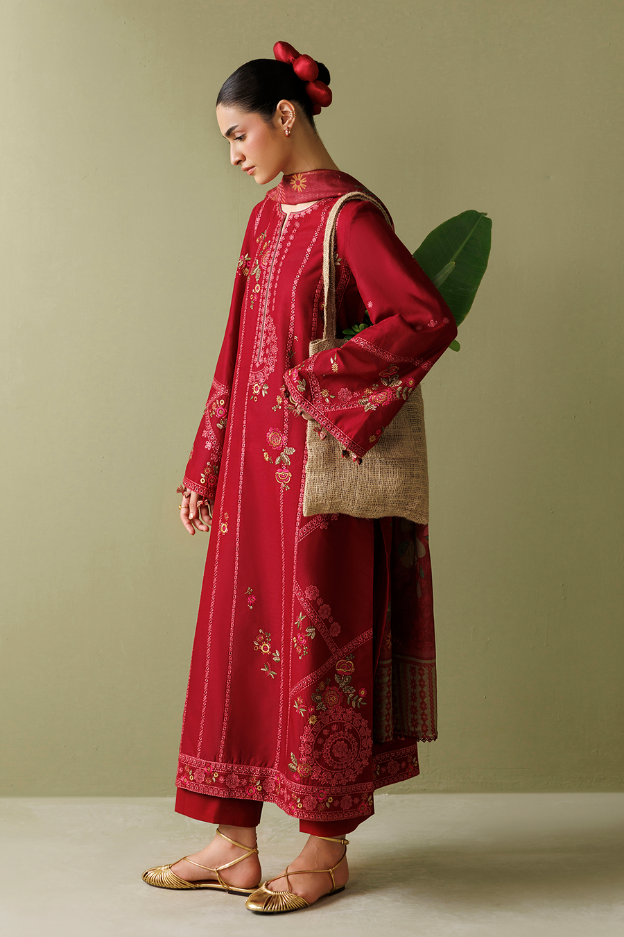 Deep Red Embroidered Lawn Suit with Cambric Trousers and Printed Chiffon Dupatta