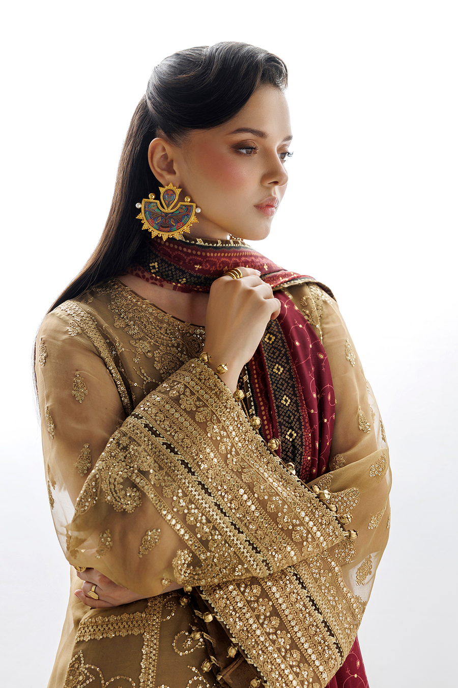Golden Beige Embroidered Chiffon 3-Piece Suit with Burgundy Tissue Silk Dupatta