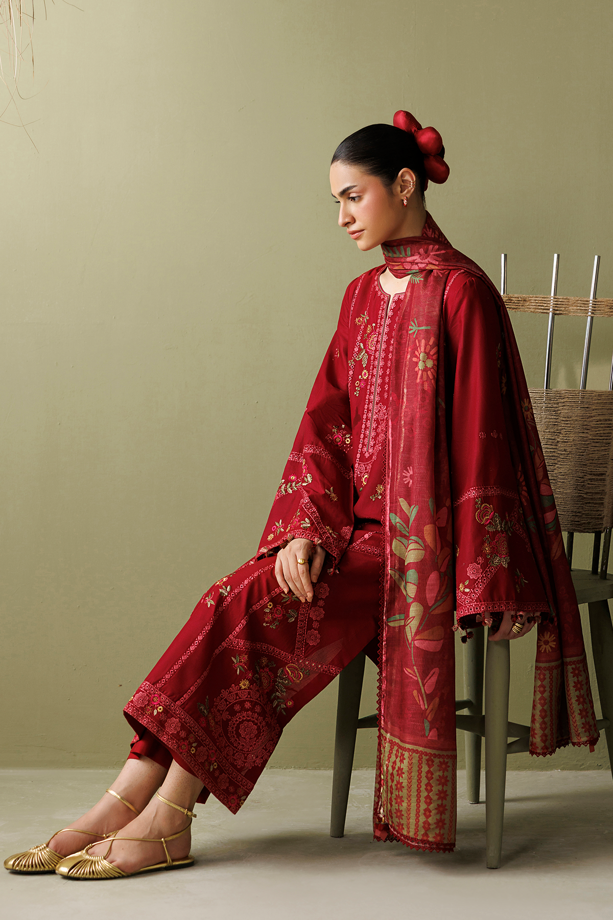 Deep Red Embroidered Lawn Suit with Cambric Trousers and Printed Chiffon Dupatta