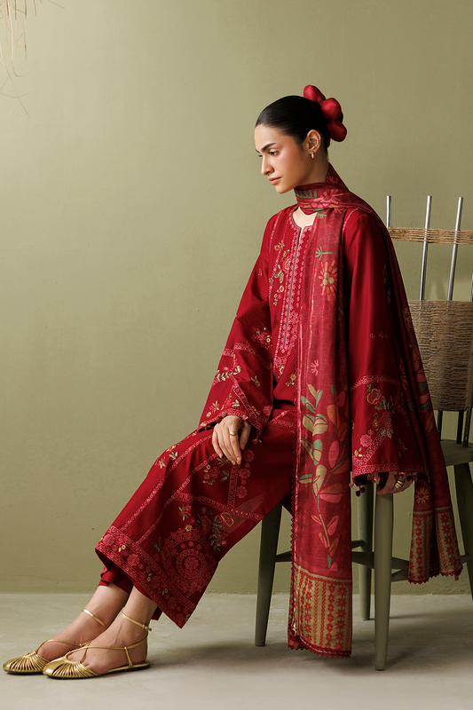 Deep Red Embroidered Lawn Suit with Cambric Trousers and Printed Chiffon Dupatta