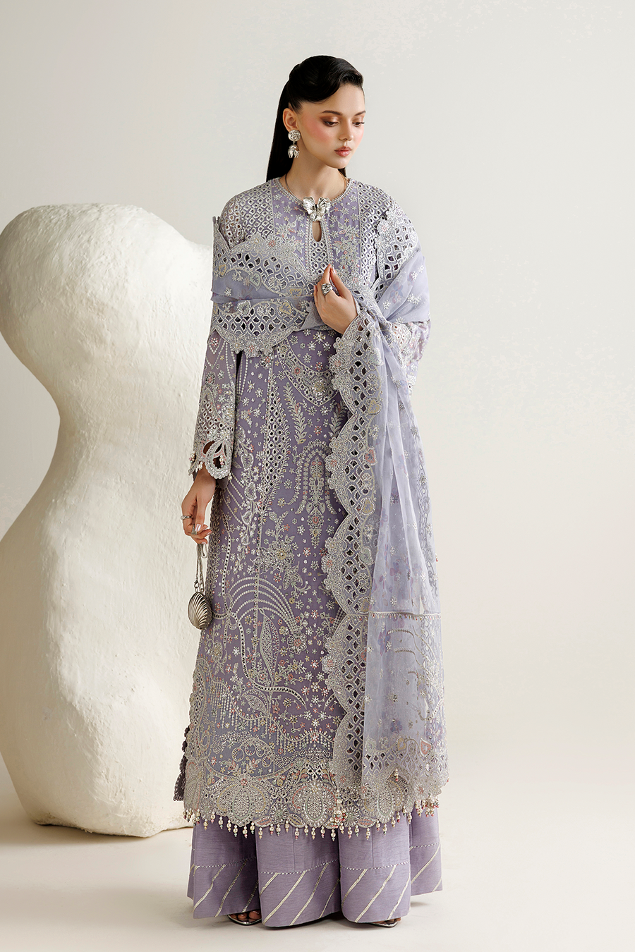 Lavender Embroidered Georgette Chiffon 3-Piece Suit with Organza Dupatta