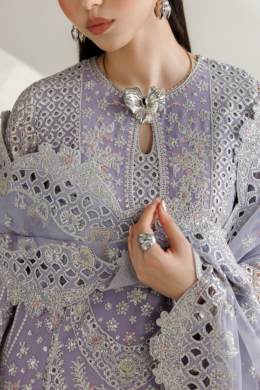 Lavender Embroidered Georgette Chiffon 3-Piece Suit with Organza Dupatta