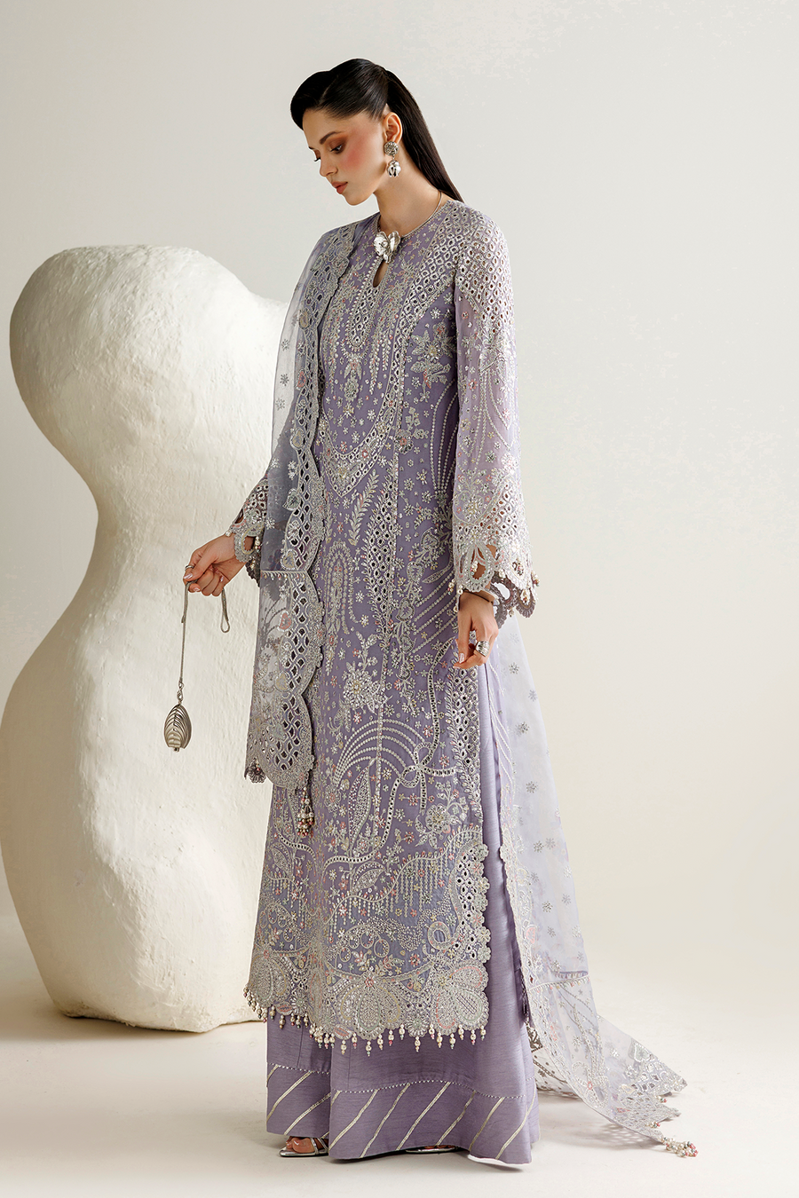 Lavender Embroidered Georgette Chiffon 3-Piece Suit with Organza Dupatta