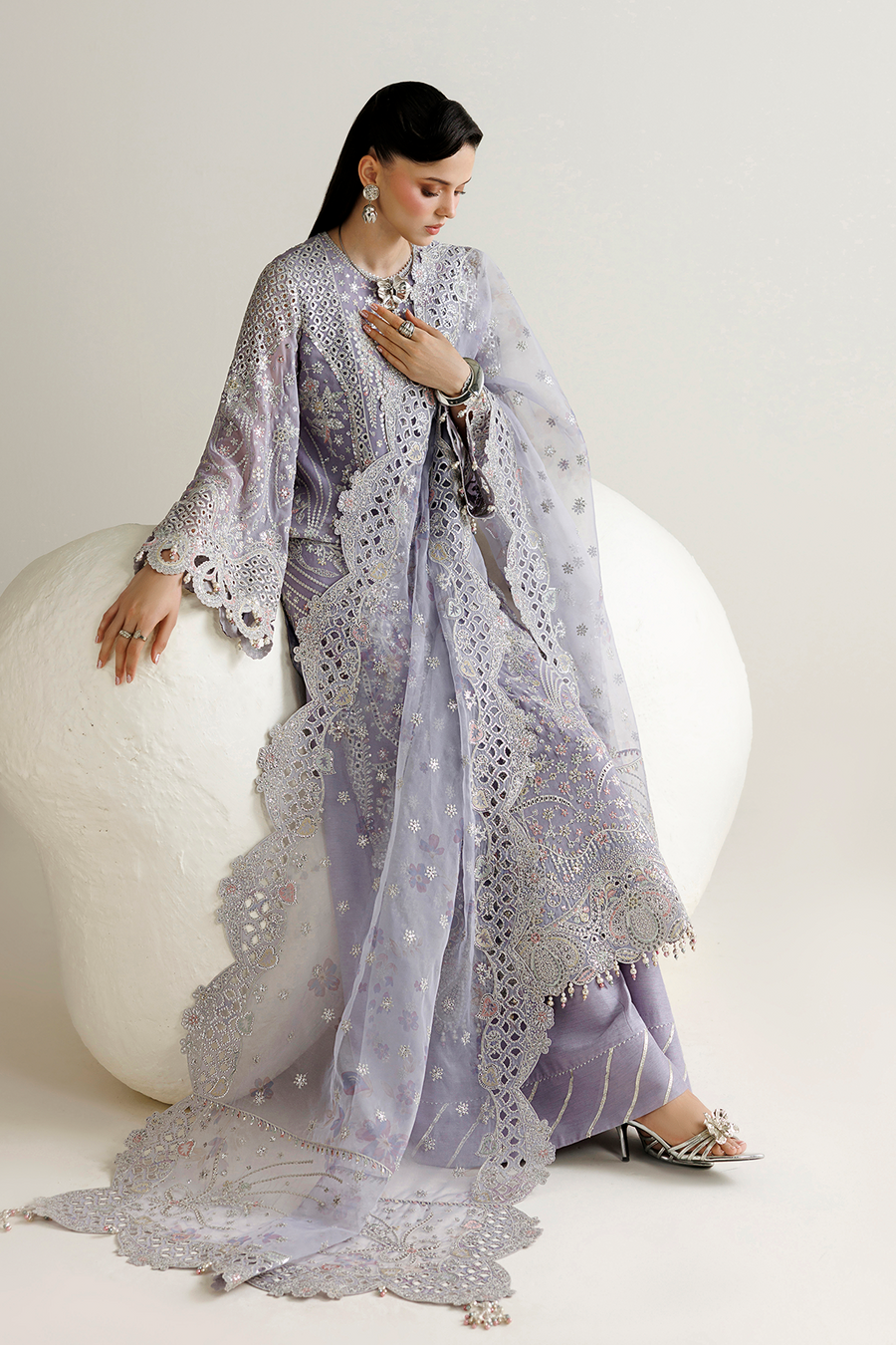 Lavender Embroidered Georgette Chiffon 3-Piece Suit with Organza Dupatta