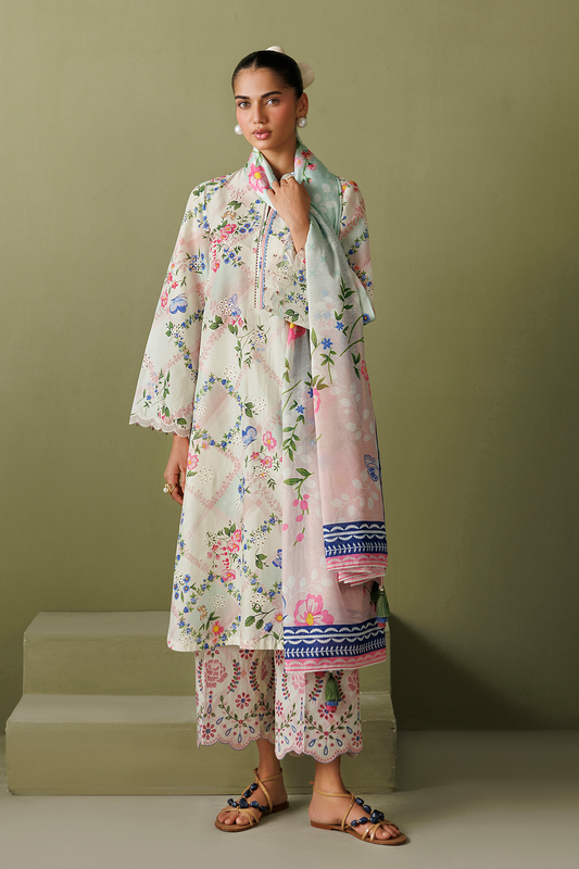 Pastel Pink Floral Embroidered Lawn Suit with Cotton Silk Dupatta