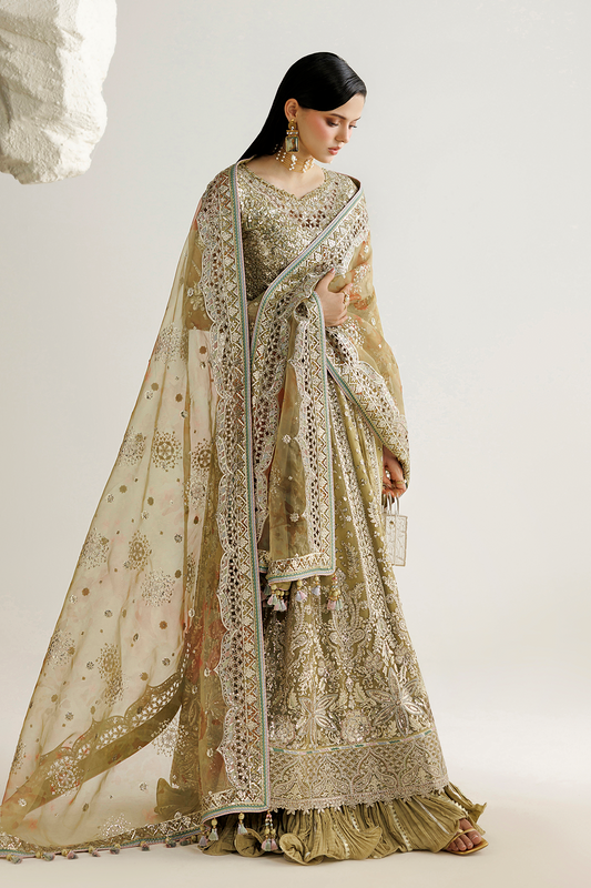 Antique Gold Embroidered Chiffon 3-Piece Suit with Organza Dupatta