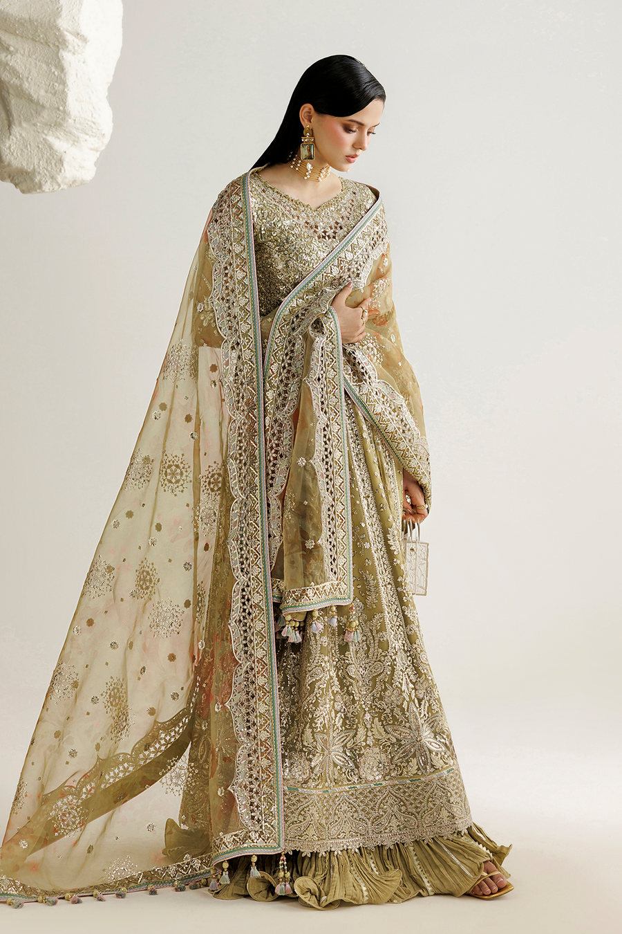 Antique Gold Embroidered Chiffon 3-Piece Suit with Organza Dupatta